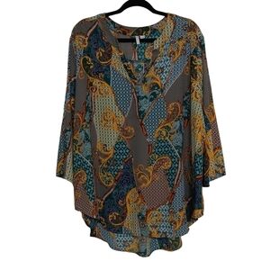 Est. 1946 Women's Plus Paisley Boho Roll Tab Sleeve Patchwork Print Blouse Sz 3X